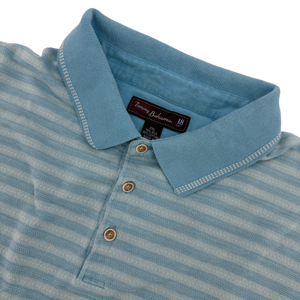 Tommy Bahama Polo Shirt Mens XXL Blue Striped‎ Silk Cotton Palm Tree Golf 18